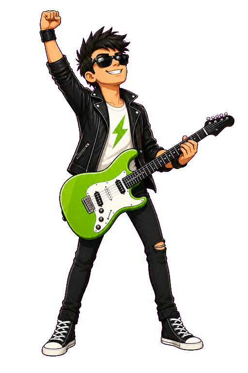 The Guitar Maestro character celebrating with a green electric guitar